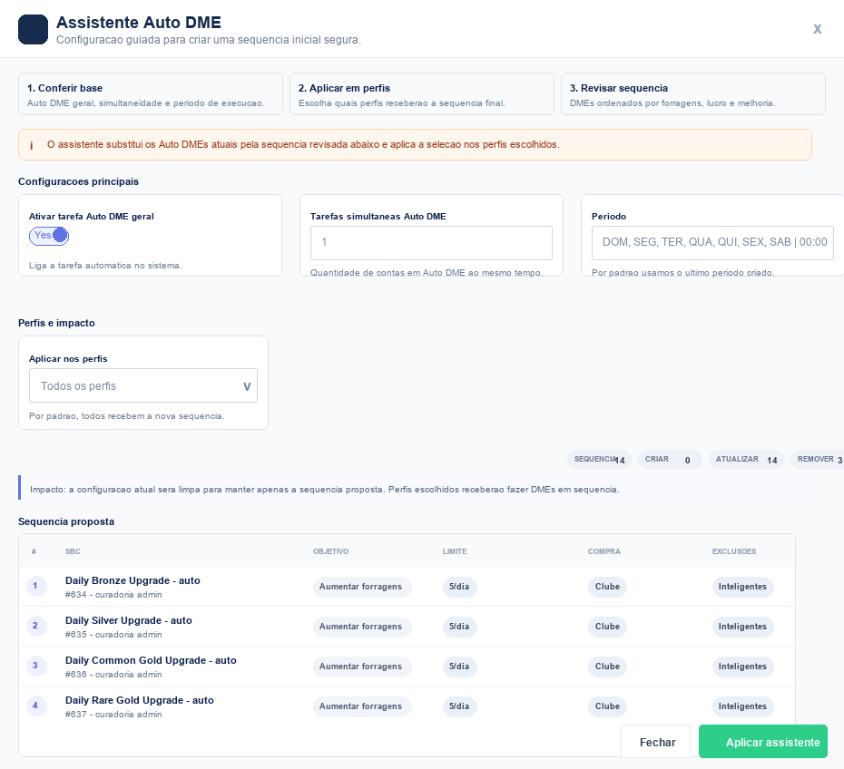 Tela do Assistente AutoDME com configuracao de sequencia automatica