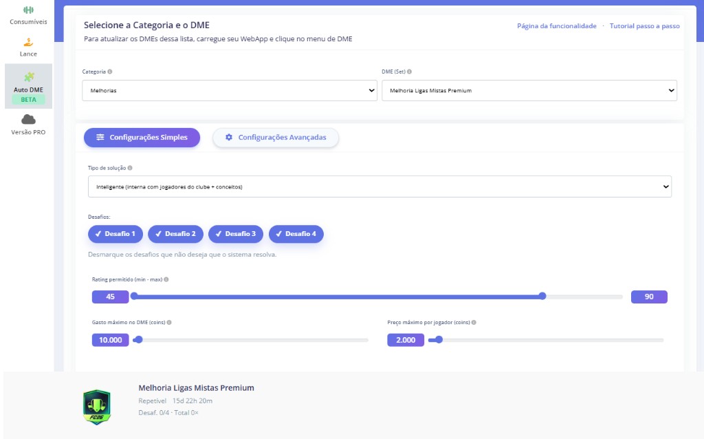 Captura da tela do Auto DME na FutSniperWeb: seleção de categoria e DME, abas de configuração e desafios.